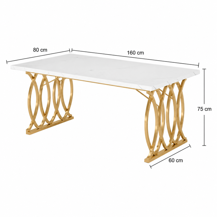Table à Manger Marbre Blanc Pieds Dorés 160x80cm – FlexiTable