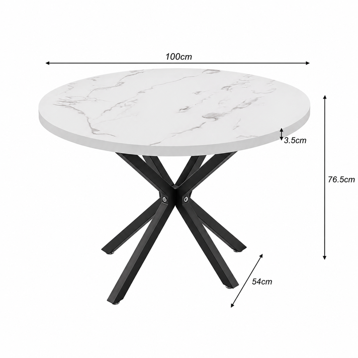 Table à Manger Ronde Effet Marbre Blanc Pieds Noirs Ø100cm – FlexiTable