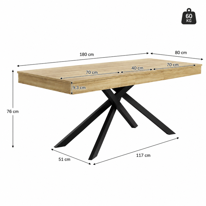 Table à Manger Extensible Bois Chêne Pieds Croisés Noirs 180cm – FlexiTable