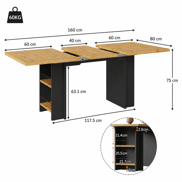 Table à Manger Extensible Bois Étagères Intégrées 160cm – FlexiTable