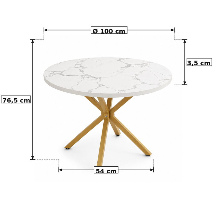 Table Ronde Effet Marbre Blanc Pied Doré Ø 100cm – FlexiTable